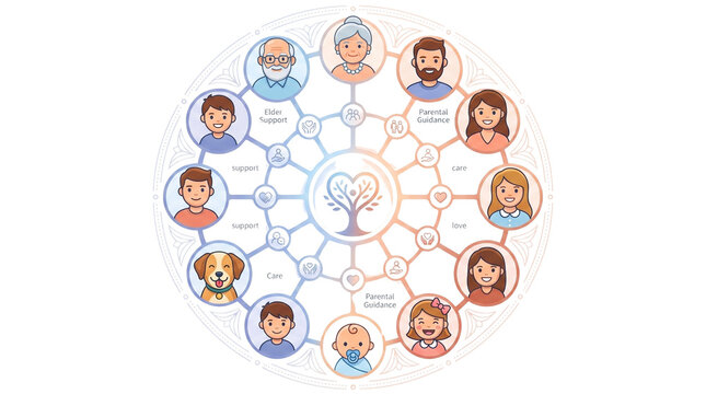 Family tree infographic with multi-generational avatars, circular genealogy chart with relatives and pets, lineage diagram for ancestry and heritage isolated PNG with Transparent Background