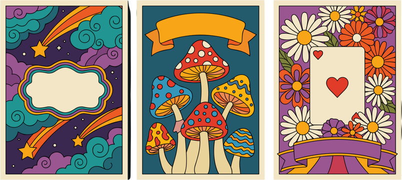 Set of three retro psychedelic posters with mushrooms stars and floral patterns in seventies style.