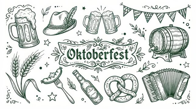 Oktoberfest festival handdrawn doodle set, beer, pretzel, sausage, accordion, barrel