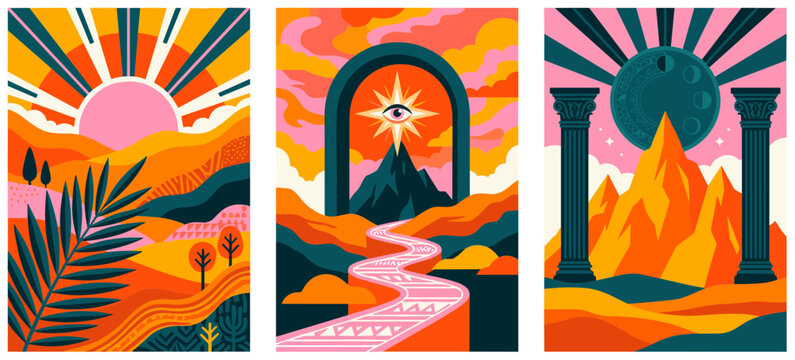 Set of three surreal landscape posters with mystical sun mountains and celestial elements in vibrant retro colors.