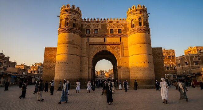 Historical stone gateway in Yemen with bustling plaza, towering twin towers, and warm sunset glow.