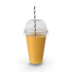 Orange juice served in a clear takeaway cup with a dome lid and striped straw. © aiman