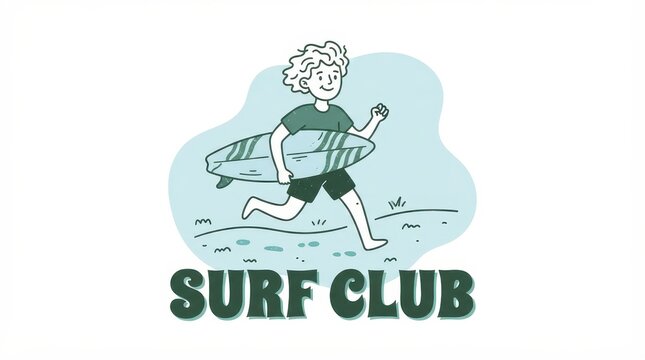 Surf club illustration of a young man running with a surfboard