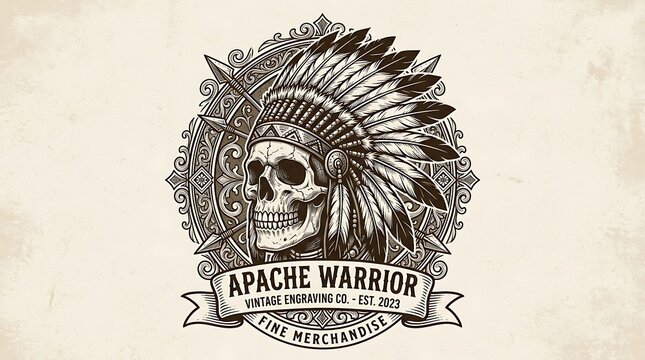 Vintage Apache Warrior Skull Illustration with Feathered Headdress and Ornate Engraved Frame Emblem