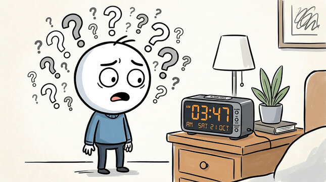 Confused cartoon character awake at 3 AM looking at digital alarm clock surrounded by question marks, insomnia and overthinking concept illustration.