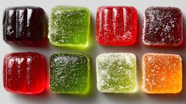 Sugared square gummy candies flat lay grid alignment for sweet snack packaging and confectionery marketing visual.