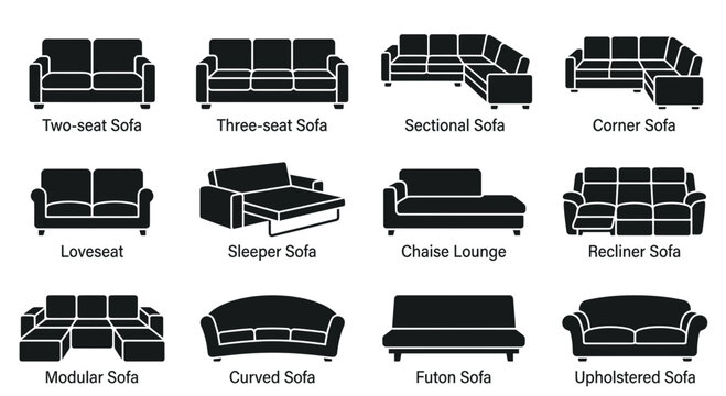 Set of various sofa types and couch styles icons.