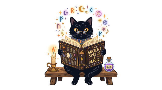 Black cat reading an ancient spells and magic book colorful vector illustration