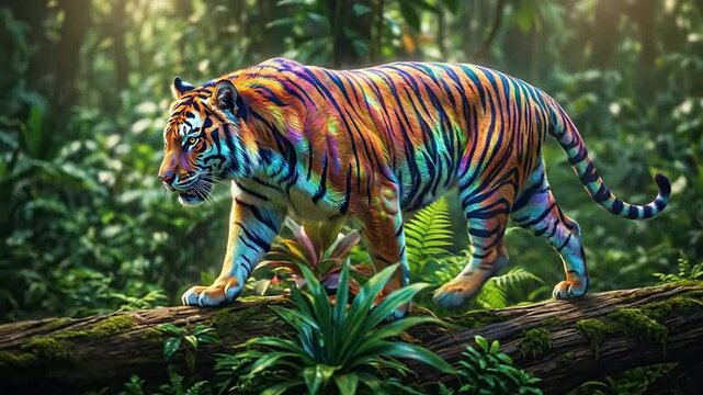 Colorful Jungle Tiger Walking Through Dense Leafy Forest