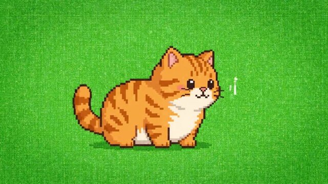 Cute Pixel Art Orange Tabby Kitten Sitting on Green Screen. 4K Video