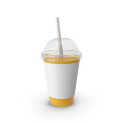 Fresh orange juice served in a transparent takeaway cup with a drinking straw. © aiman