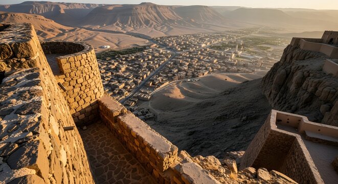 High Angle View of Al Karak Castle overlooking the Town and Valleys in Jordan.