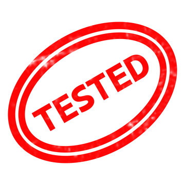 Red tested rubber stamp icon, oval grunge seal with tested text, weathered red ink certification mark on white background