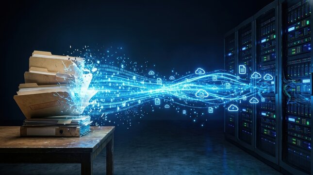 Data Transfer from Old Books to Servers: A beam of bright blue light emanates from a stack of old, tattered books on a wooden table, connecting to modern server racks.