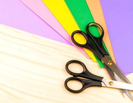 Two pairs of scissors on colorful craft paper background.