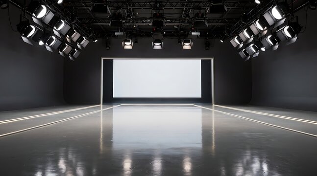 Modern empty fashion runway with spotlights and screen.
