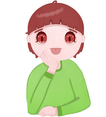 Cute anime chibi girl in green sweater sticking tongue out