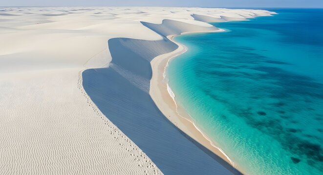 Aerial view of Len??is Maranhenses National Park showing white sand dunes and turquoise lagoons.