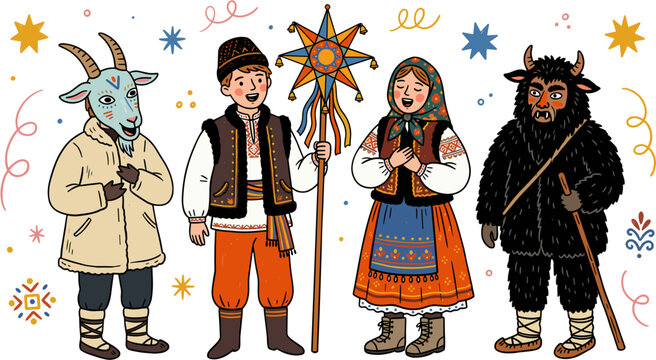 Ukrainian Christmas Carolers in Traditional Costumes with Star and Goat Mask.