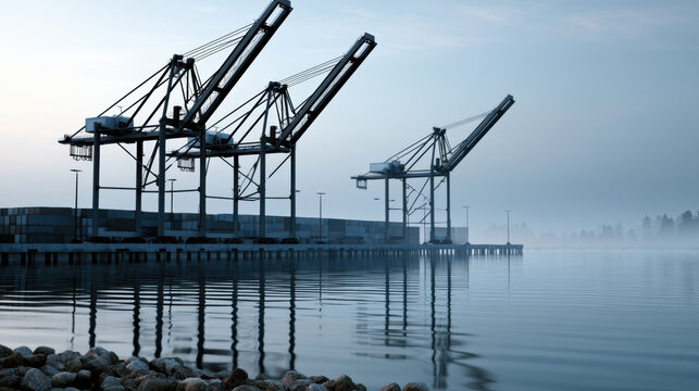 Industrial harbor crane container shipping water foggy morning reflection calm