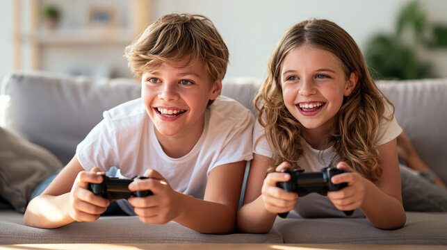 Happy Siblings Enjoying a Cooperative Casual Video Game Together