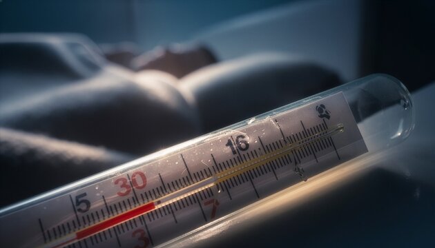 Extreme macro of thermometer reading high fever, blurred silhouette under blanket in background.