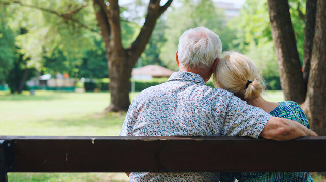 Elderly couple sitting peacefully on a wooden park bench enjoying a sunny day in a lush green park