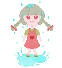 Sad anime chibi girl standing in rain and puddle