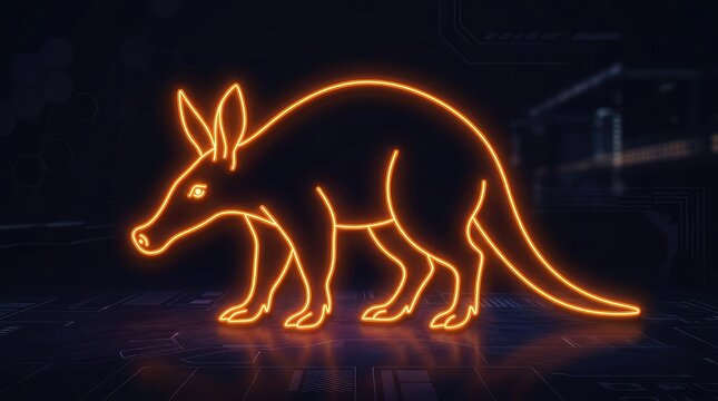 A vibrant orange neon sign of an aardvark glowing against a dark background in a modern setting