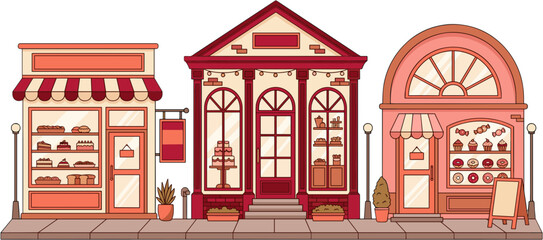 Fototapeta premium Vintage Style Bakery and Pastry Shop Fronts Illustration in Pink and Red Tones.