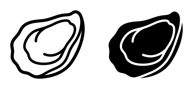 Oyster Icons, Seafood Vector Graphics, Raw Mollusk Outline and Silhouette, Culinary Delicacy Illustrations