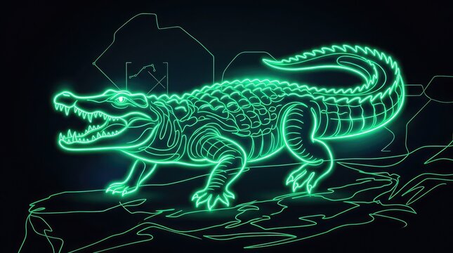A vibrant green neon glowing crocodile standing on a dark background with a digital artistic style