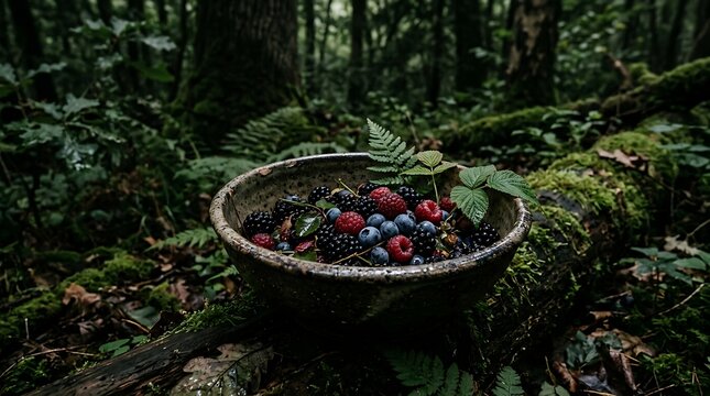 Ceramic bowl filled with fresh forest berries including raspberries and blueberries, placed in a dark, mossy green woodland environment