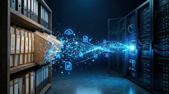 Digital Data Migration: A visually striking concept art depicting the transfer of digital data from a physical archive of folders and binders to a modern server rack.