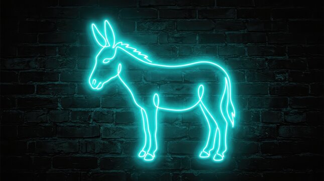 Bright neon sign in the shape of a donkey glowing on a dark textured brick wall background