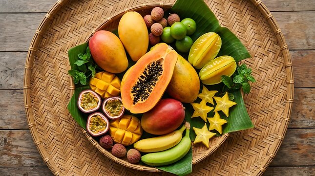 Fresh tropical fruit assortment on a woven tray including papaya, mango, starfruit, and passion fruit