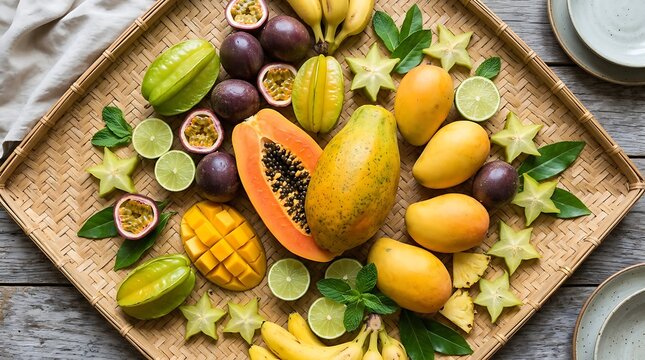 Colorful Assortment of Fresh Tropical Exotic Fruits Arranged on a Woven Bamboo Tray