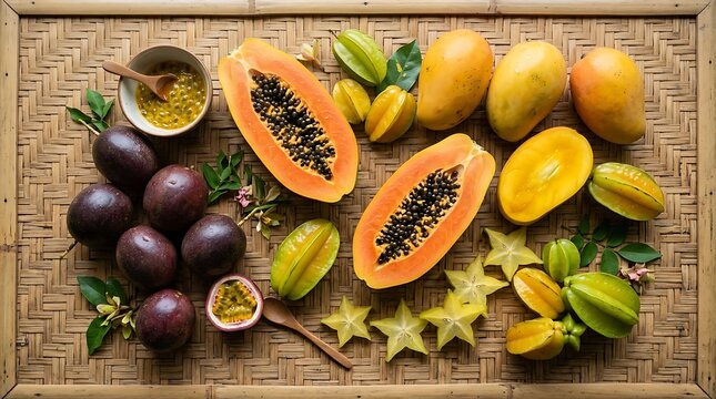 Assorted Tropical Fruit Platter Featuring Fresh Papaya Mango Starfruit and Passion Fruit Arranged on a Traditional Woven Bamboo Tray Surface