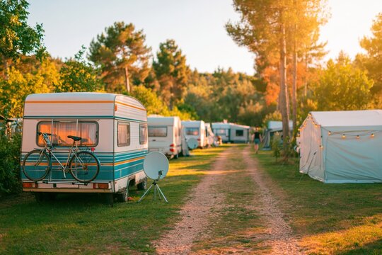 Camping and caravan site with tents in nature during a warm golden sunset holiday