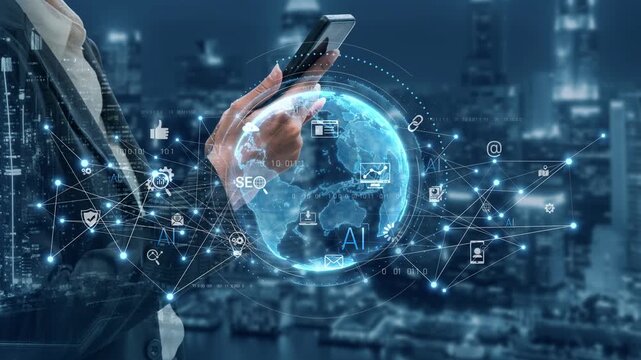 Global AI-powered digital network ecosystem connecting data, finance, analytics, ecommerce, communication, and automation across continents through technology and cloud Marrow