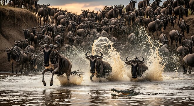Massive herd of wildebeest crossing a river during migration