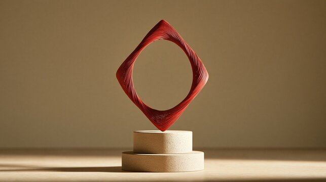 Modern abstract red twisted square shaped ring sculpture displayed on stacked beige round podium against warm neutral wall with soft natural sunlight