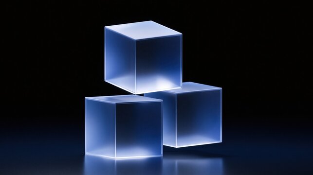 Three stacked glowing translucent frosted blue glass cubes on reflective dark black background showing abstract modern futuristic geometric 3d art composition