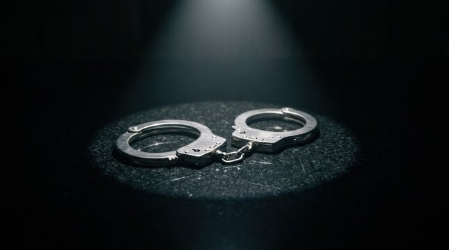 Symbol of Incarceration: A close-up shot features a pair of metallic handcuffs resting on a textured surface, dramatically illuminated by a single spotlight against a dark background.