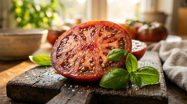 Fresh sliced heirloom tomato with basil leaves on a rustic wooden cutting board in a kitchen