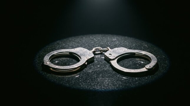 Handcuffs Under a Spotlight: A pair of polished metal handcuffs rests on a textured surface, illuminated by a dramatic spotlight, symbolizing justice, crime, and consequences.