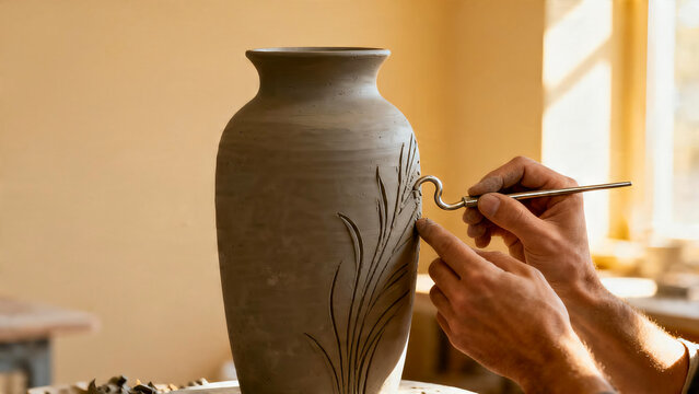 Artist Hands Carving Texture on Raw Clay Vase