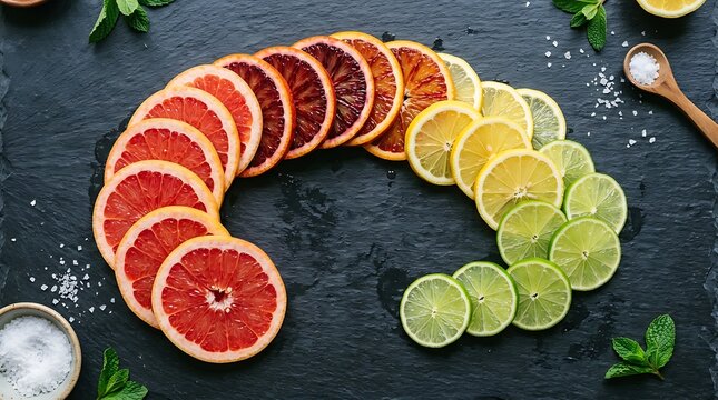 Rainbow-colored citrus fruit slices arranged in an arc shape on a dark slate background with mint leaves