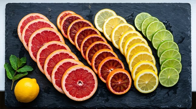 Assorted Sliced Citrus Fruits Including Grapefruit, Blood Orange, Lemon, and Lime Arranged on a Black Slate Platter