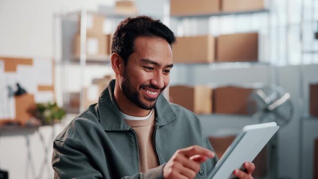 Tablet, man and logistics worker in office for delivery information, research or ecommerce order. Happy, digital technology and supply chain manager with email for distribution, cargo or export